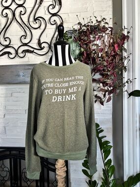 RARE SAMPLE Wildfox Couture Olive Green Crewneck Jumper Sweatshirt Small Drink